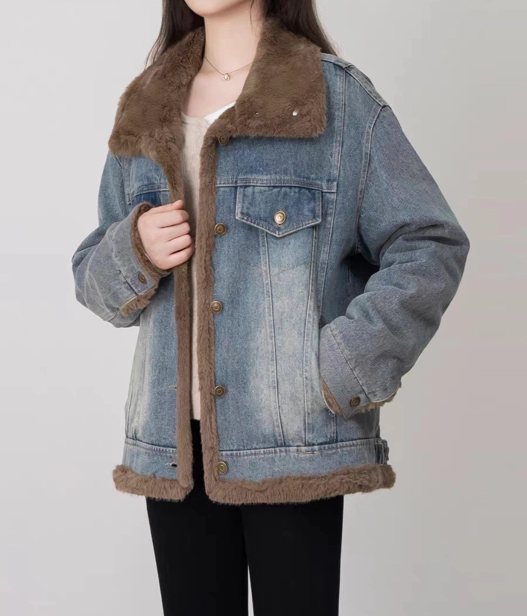 

Denim Coat Belt Fur Plush Womens Autumn Pleated Adjustable Sashes Patchwork Preppy Style School O-Neck Jackets Distressed Female