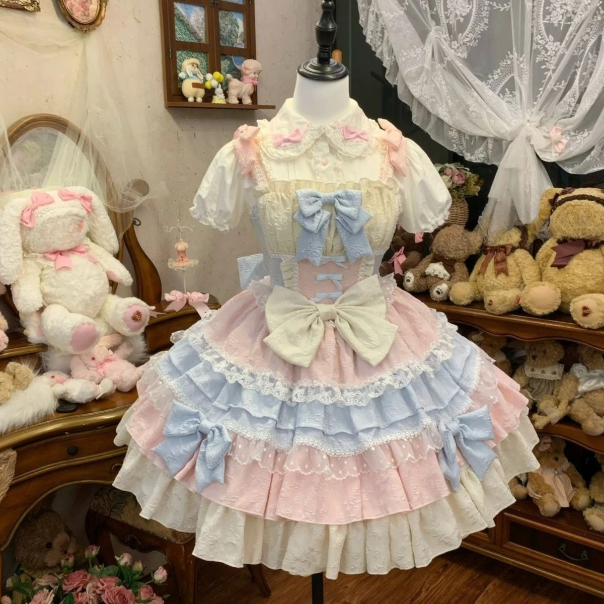 여성용 리본 스트랩 드레스 반바지 세트 로리타 스위트 블라우스 드레스 카와이 Y2K 의상 2026 코스프레 일본 2피스 드레스 세트