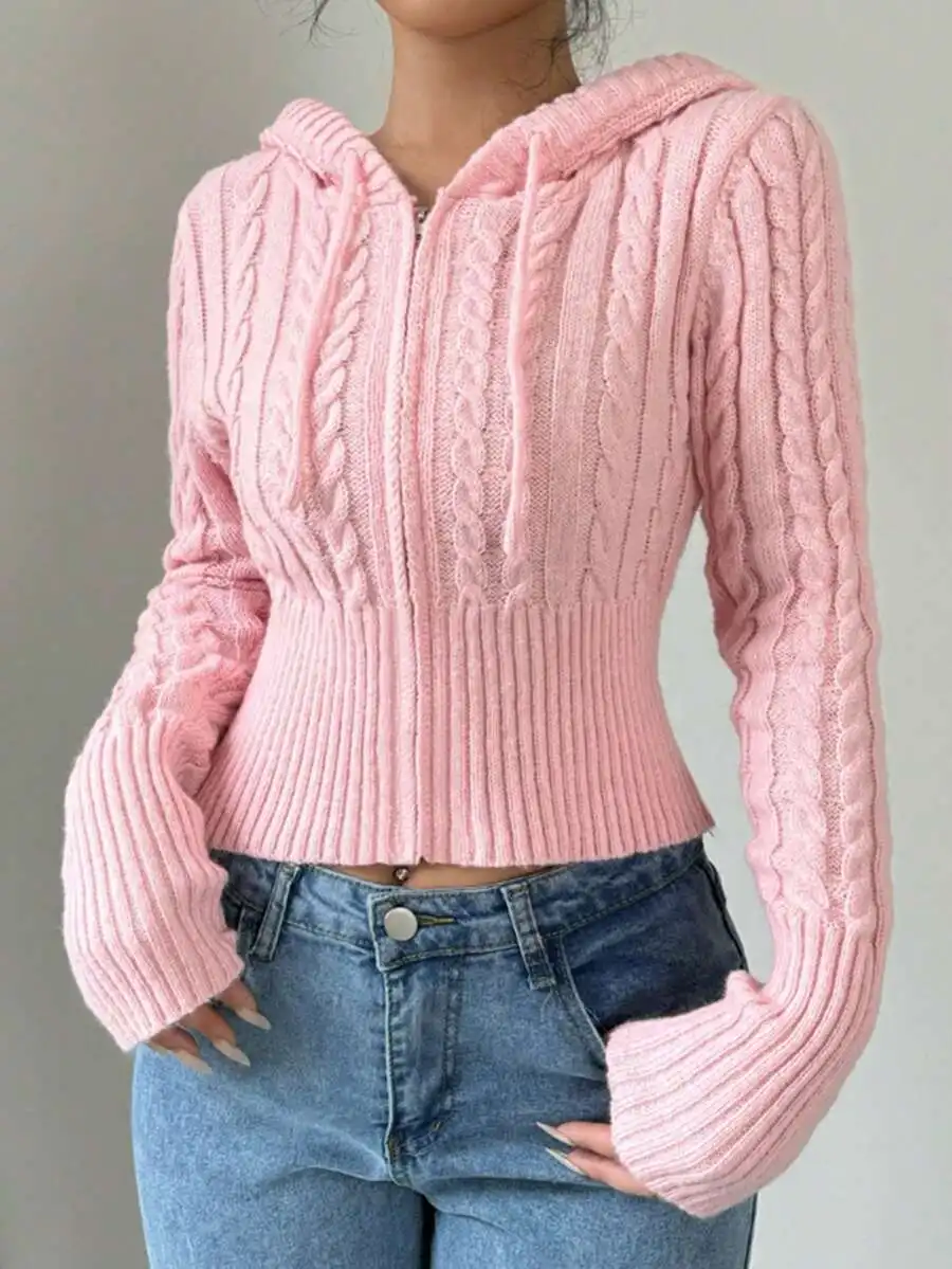 

Pink Cable Knit Cropped Hooded Zip-Up Sweater for Women