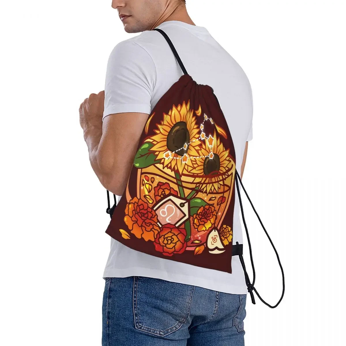 Mochilas de taza de té del zodiaco Leo, bolsas con cordón portátiles a la moda, paquete con cordón, bolsa de almacenamiento de bolsillo, mochila para estudiantes de viaje