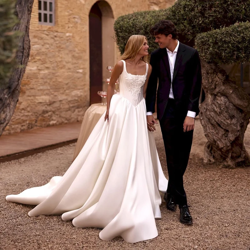 

Eightree Exquisite Long Wedding Dresses Women A Line Square Collar Appliques Satin Bridal Gowns Vestidos Para Mujer Customized