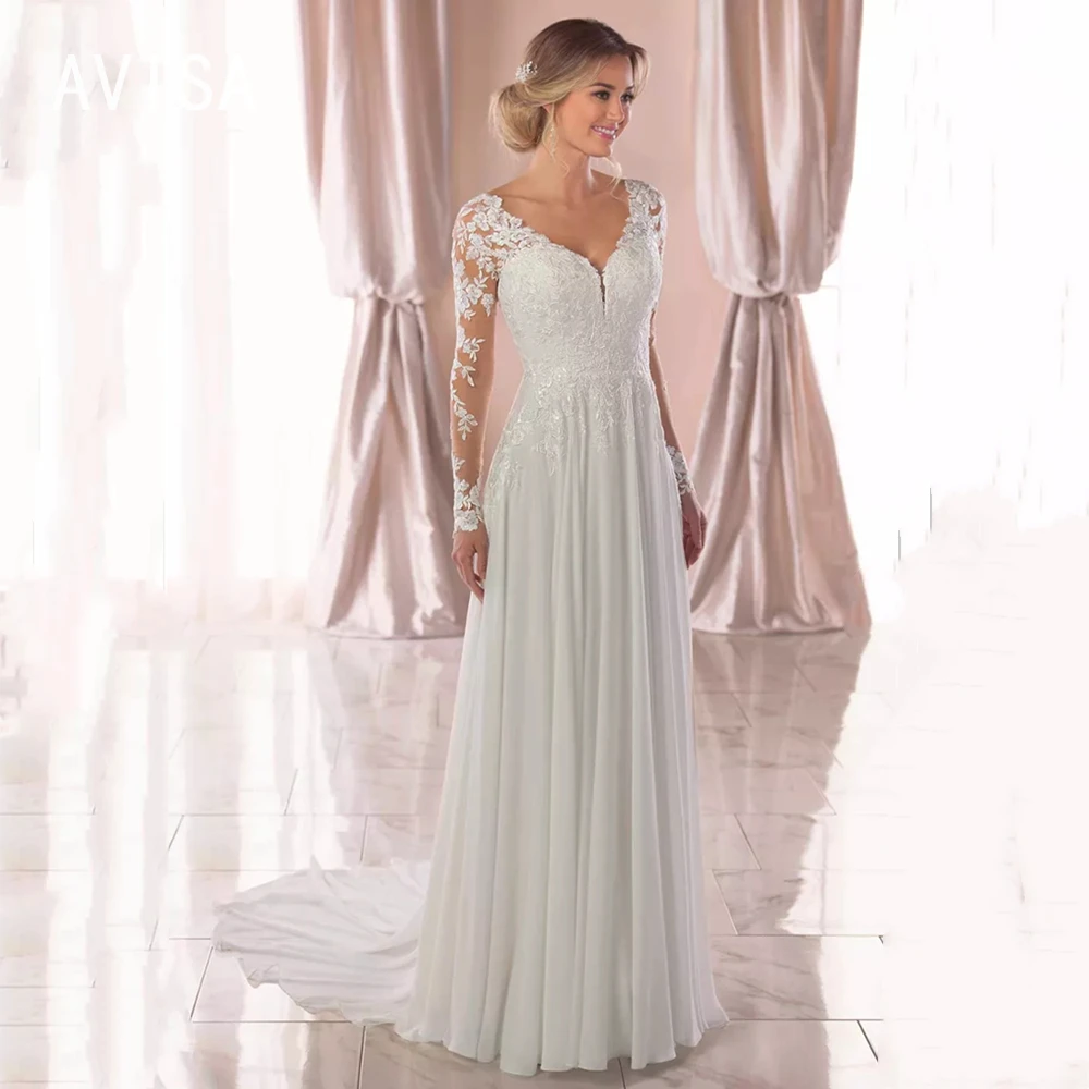 Neue romantische Illusion A-Linie Brautkleider lange Ärmel Braut Robe V-Ausschnitt Chiffon Spitze Brautkleider rücken frei Vestidos de Novia