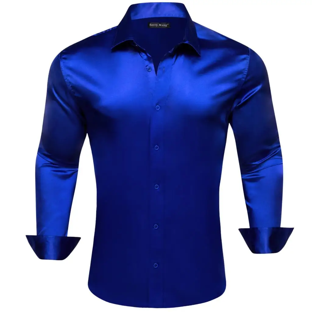 

Designer Mens Shirts Mercerized Solid Satin Royal Blue Long Sleeve Casual Business Slim Fit Male Blouses Tops