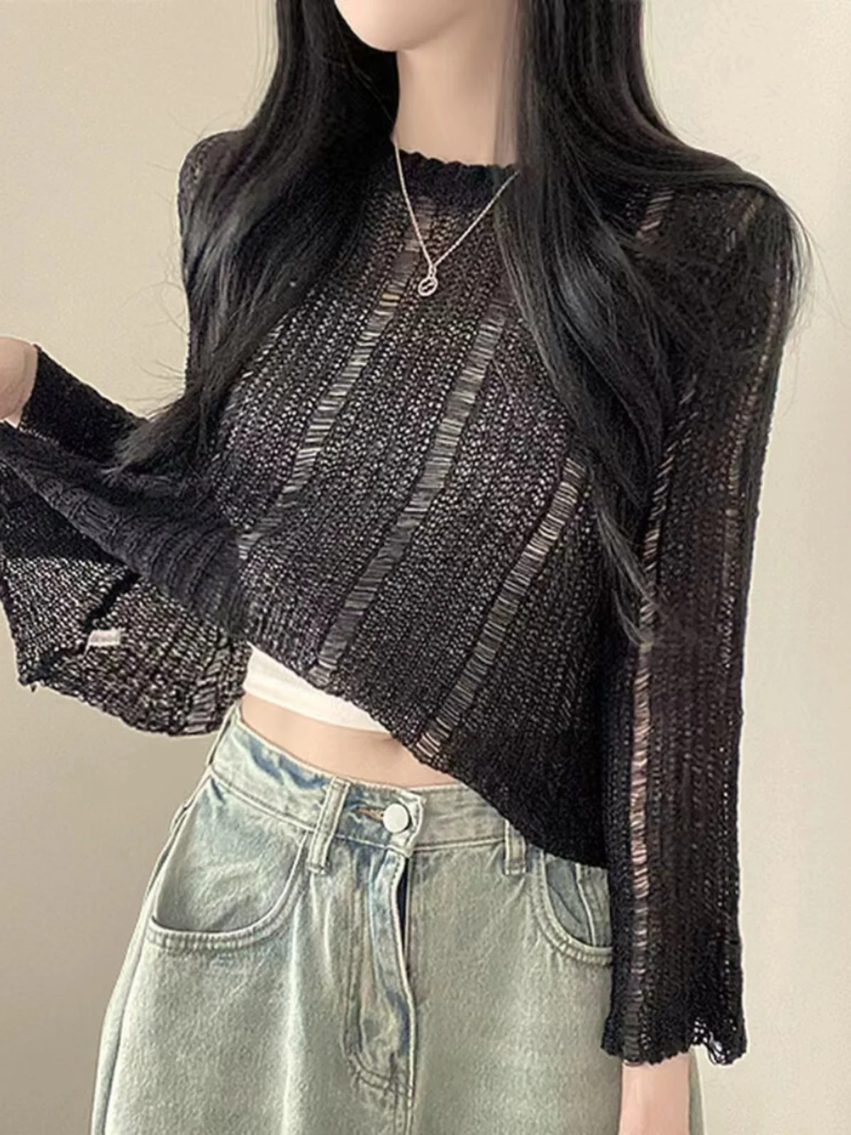 

2024 Hollow out Long Sleeve Knitwear Pure Color Loose Fit Design Korean Style Top with Strap Trendy Outerwear for Women