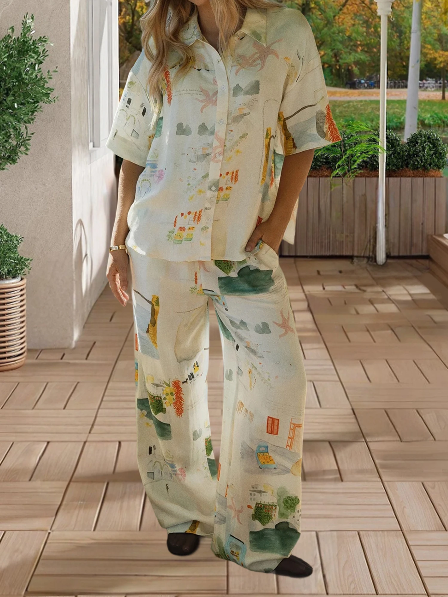 

Women s Stylish 2 Piece Set Short Sleeve Floral Print Blouse High Waisted Wide Leg Pants Summer Outfit Beachwear