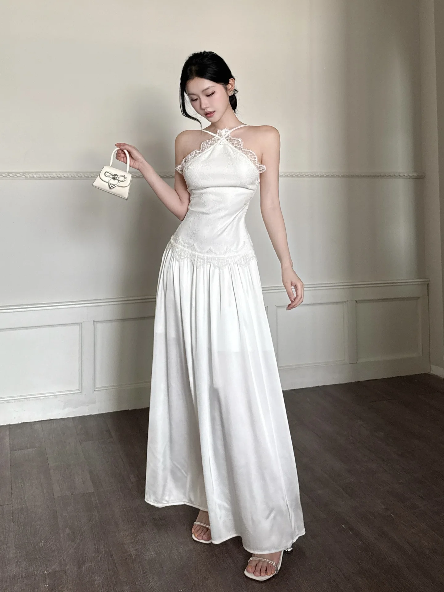 Ladies' Satin Backless White Midi Dress French Lace Spliced Appliqué Minimalist Slim-fitting Elegant Cocktail  Evening Gown Robe