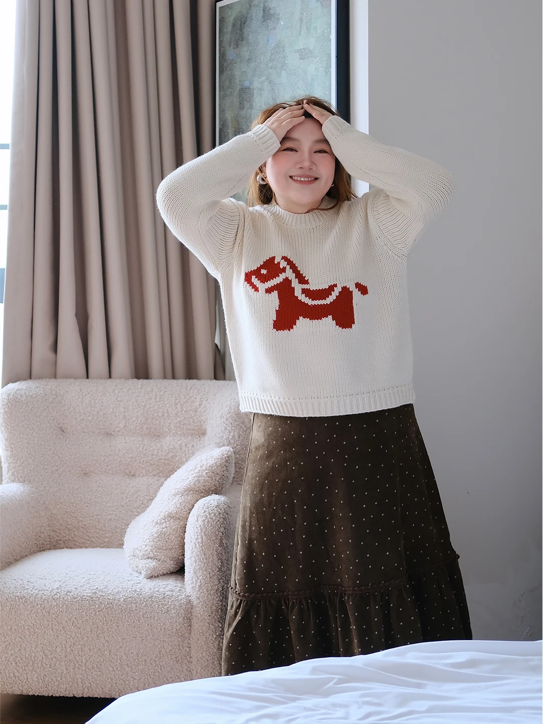 

Zooobaby004 Korean Sle Simple round Ne Cartoon Year Thi Needle Sweater Long Sve Women Slimming Versatile Top