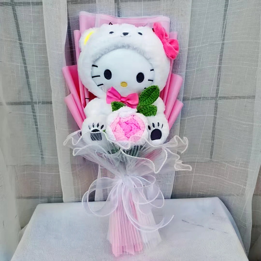 Cartoon Anime Kitty Bouquet With Rose Woven Bouquet Fake Flower hand-crochet Simulation Flower Valentine's Day Gift