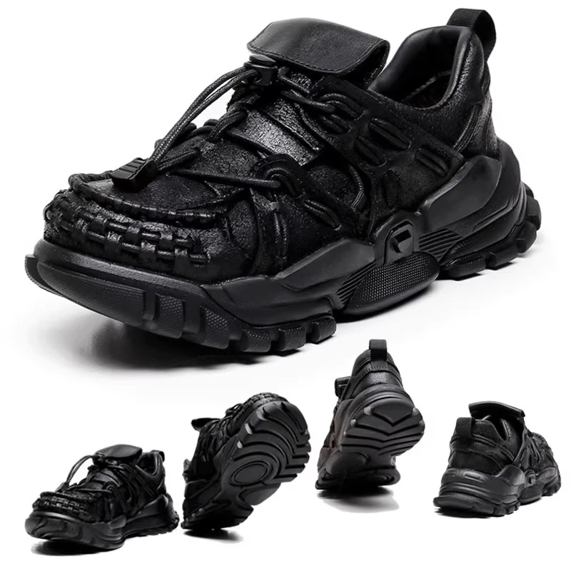 

Fashion Cow Genuine Leather Loafers Chunky Sneakers for Men Thick Bottom Casual Increased Internal High Platform Running Shoes
