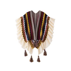 Women Spring Autumn Bohemia Shawl Lady Mohair Knitted Tassel Cardigan Retro Ethnic Wrap Striped Ruffled Scarf for Travel New in