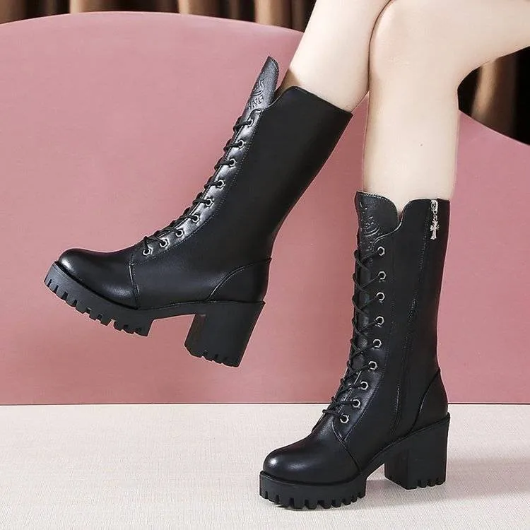 Autumn Shoes Woman Mid Calf Boots Winter Casual Platform Block High Heels Boots Female Lace Up Zipper Ladies Leisure