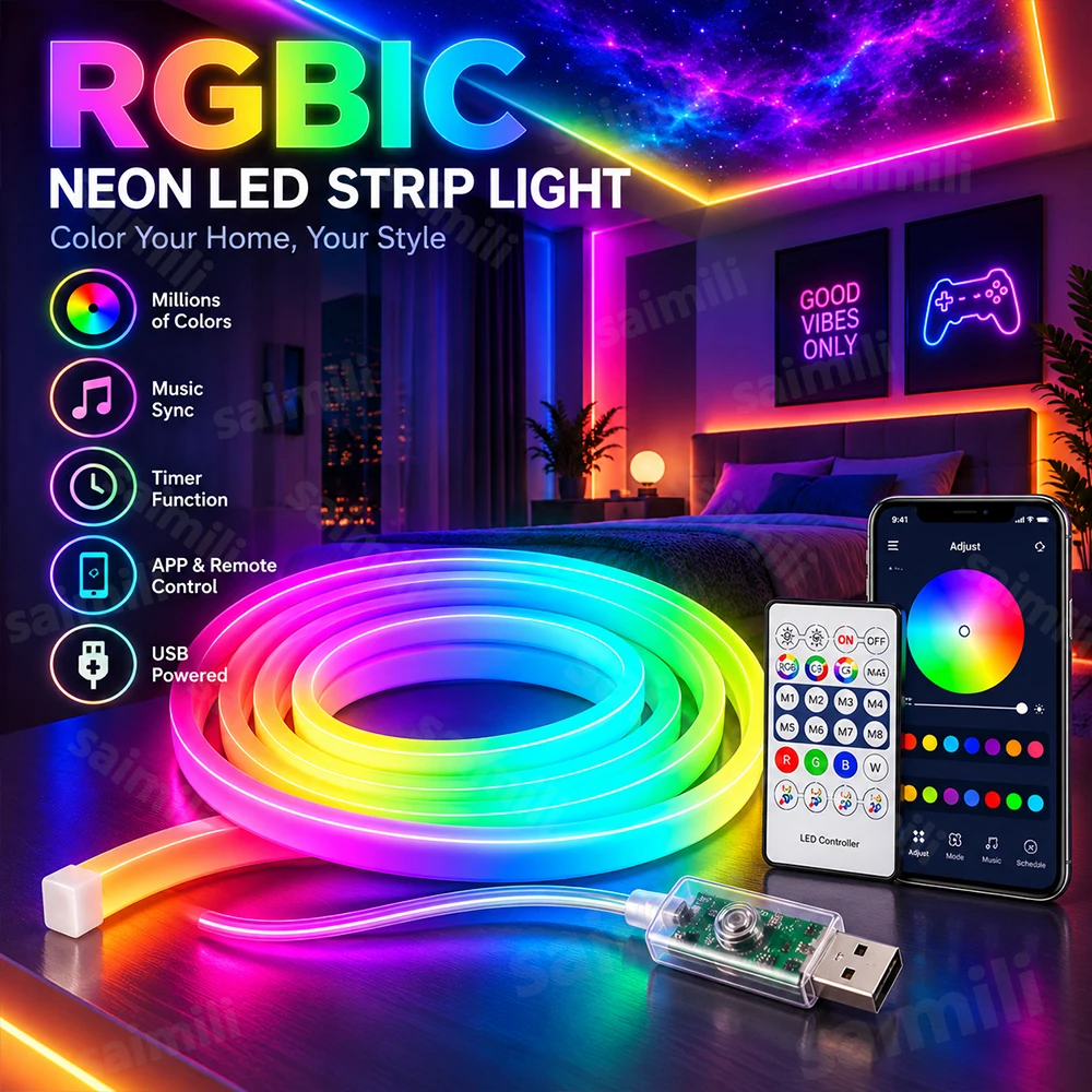 5V RGBIC Neon LED Strip Bluetooth APP Control USB Dynamic Music Sync Dream Color Chasing Light For Home Party DIY Decoration
