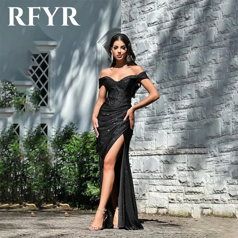 

RFYR Black Off Shoulder Prom Dress Sequin Glitter Celebrity Dress Women's Evening Dress Mermaid Formal Gown with Slit Customized