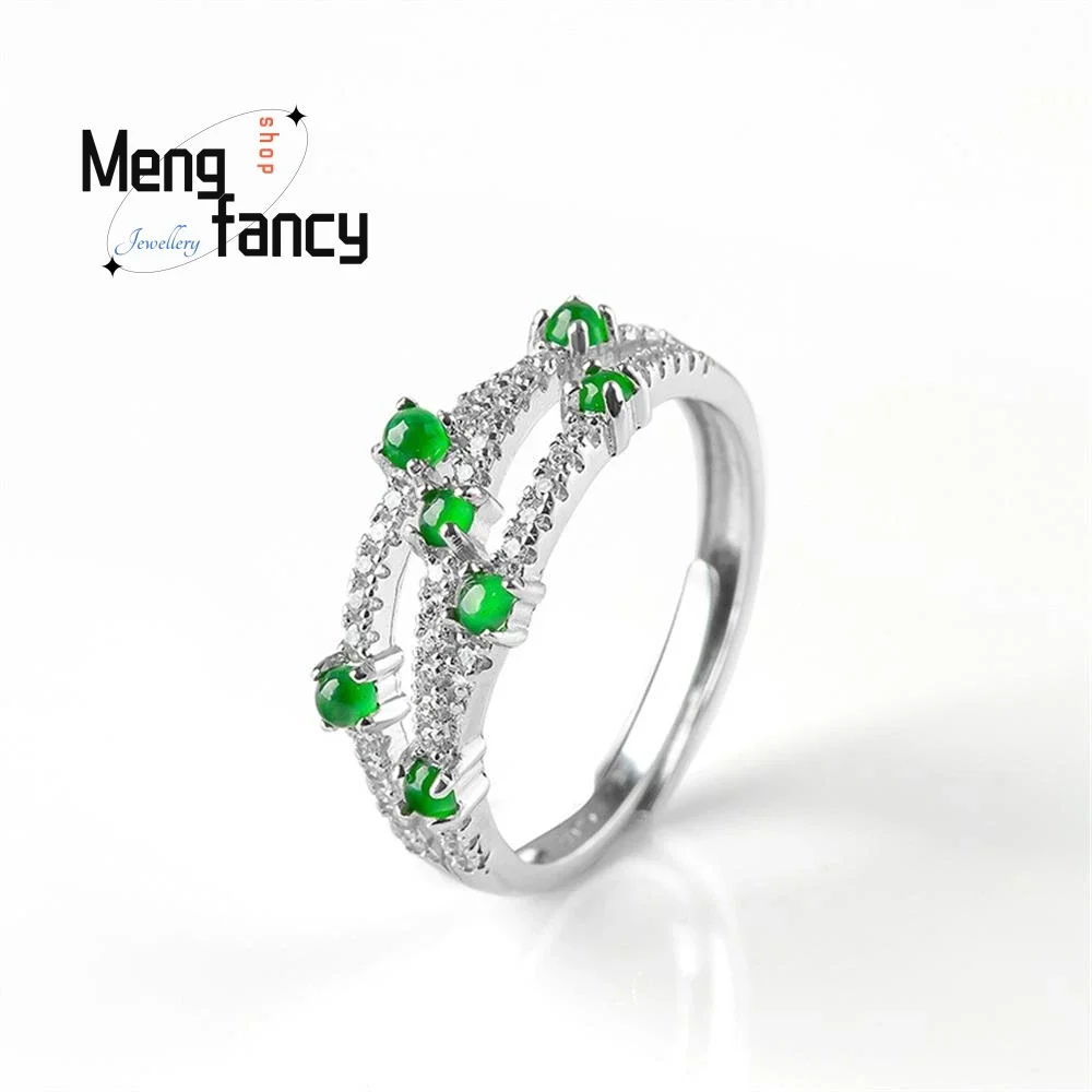 

Natural A-goods Jadeite Yang Green Ring Ice Jade S925 Silver Inlay Adjustable Elegant Exquisite Couple Luxury Fashion Jewelry