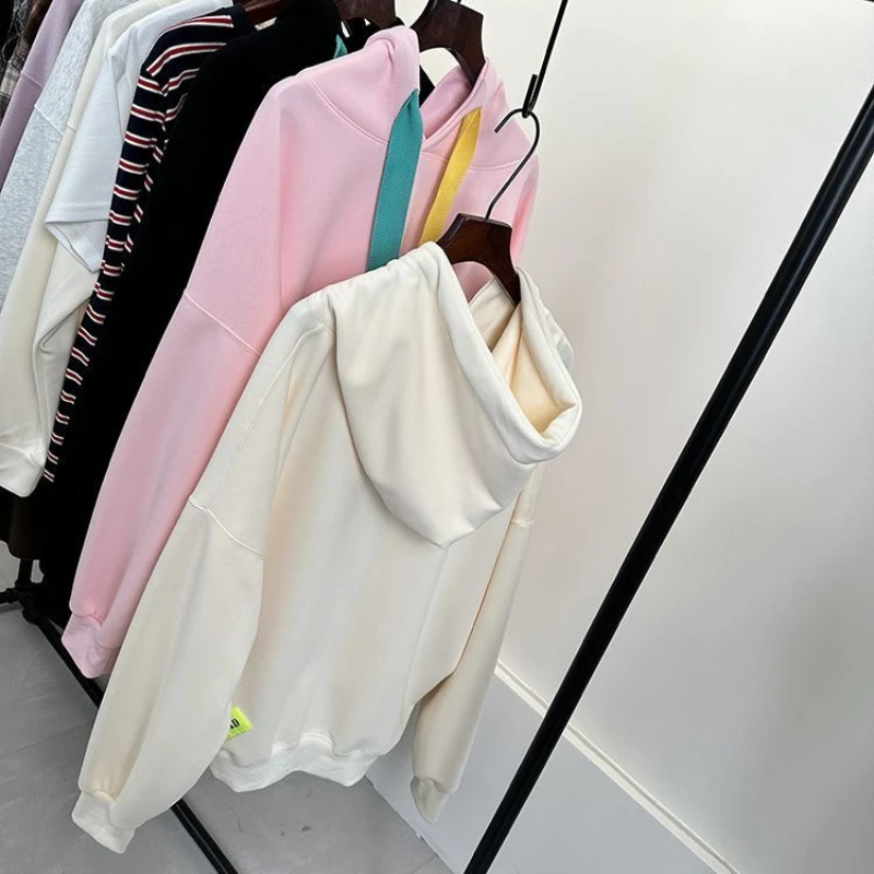 Korean 2024 Women's Spring Autumn New Splicing Pullovers Hooked Fashion Pocket Solid Color Versatile Casual Long Sleeve Hoodies
