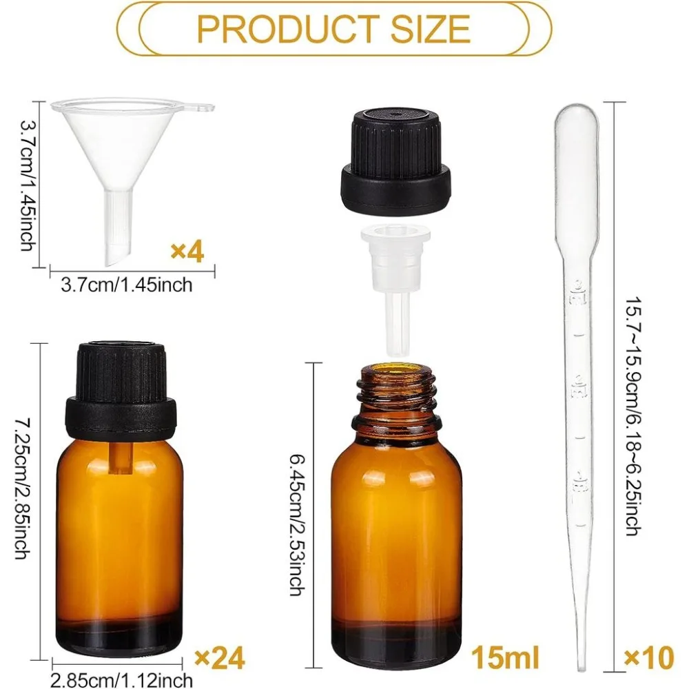 24 Pack 15ml Brown Glass Essential Oil Bottles Refillable Container Kits with Plastic Droppers Funnel Hoppers and Sticker