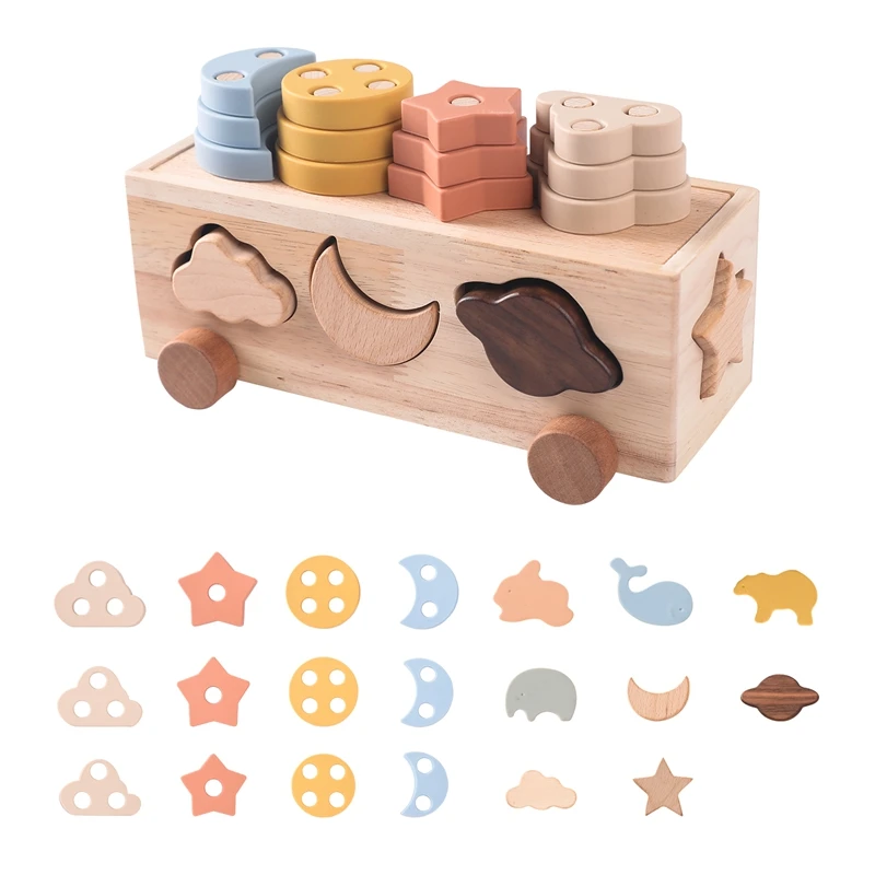 Montessori Toys Wooden Shape Matching Car Learning Toys Wooden Trolley Baby Learning Toys Stacking Toy Star And Moon Blocks Kids