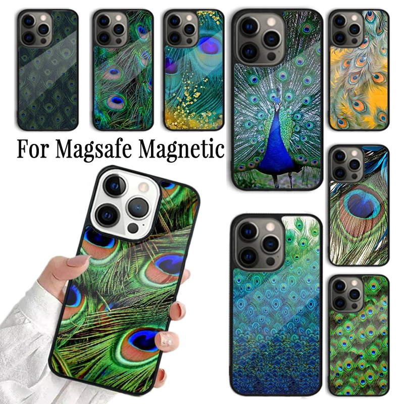 Coque Phone Case For iPhone 16 15 14 13 12 Mini 11 Pro Max Plus Magsafe Magnetic Wireless Charging Cover Peacock Feathers