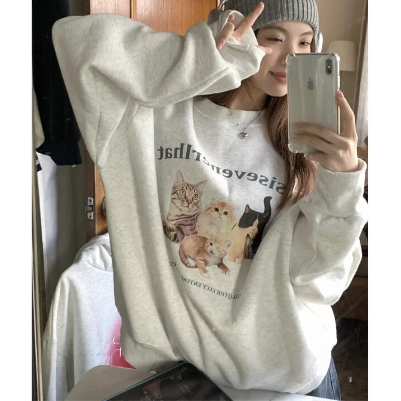 

Женская толстовка в американском стиле с мультяшным принтом, повседневная, на раннюю весну, с длинными рукавами, круглым вырезом, свободного кроя, универсальная, без капюшона