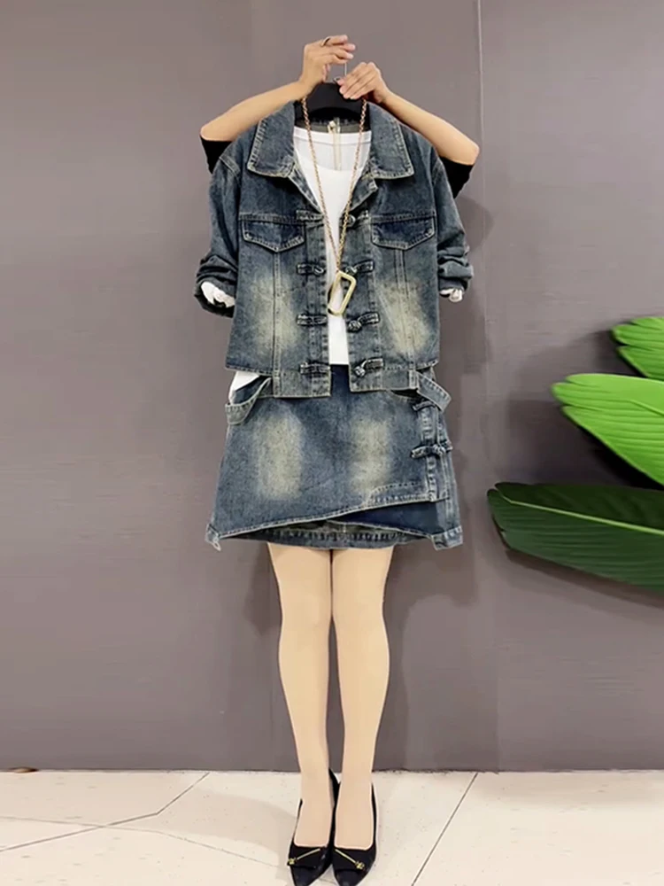 Women's lapel collar buckle long sleeved jacket A-line short skirt spring and autumn versatile denim trendy two-piece set