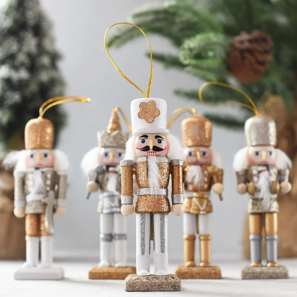 1 Set=5pcs Christmas Wooden Doll Decor Handmade Christmas Nutcracker Doll Pendant Creative Glittering Powder Doll Ornament