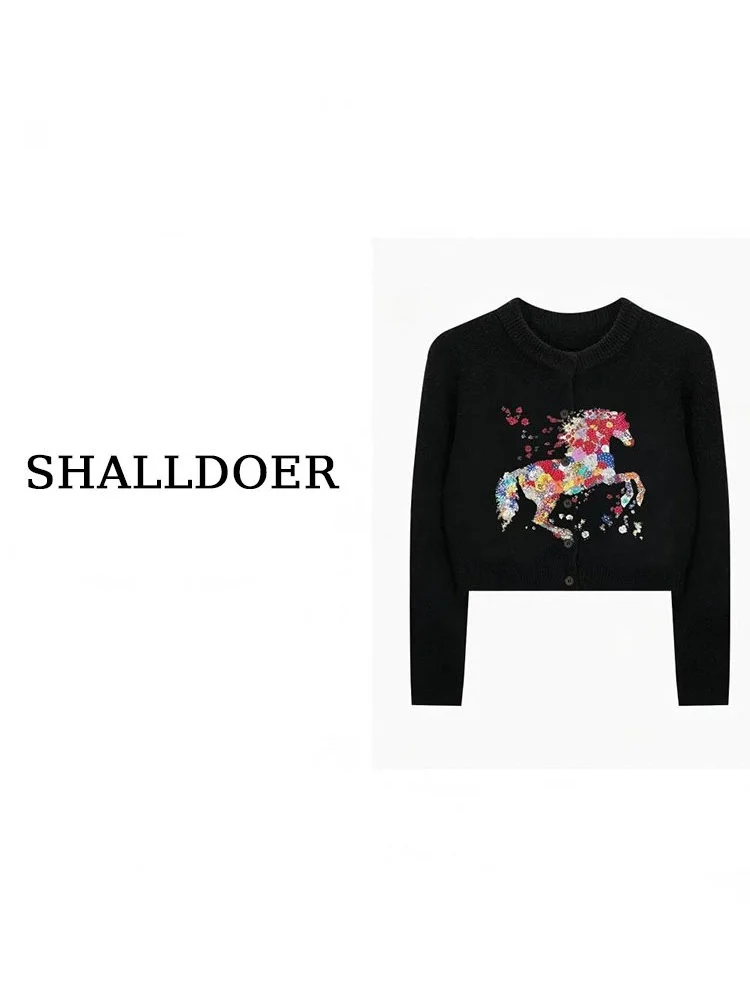 

Print Single-Button Knitted ort Cardigan Women's Faionable Bla Sweater Casual Loose Fit Long Sve Top