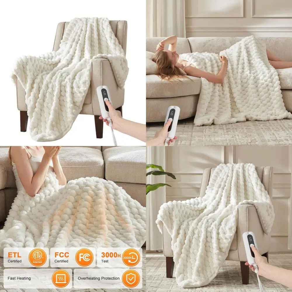 

3D Jacquard Electric Blanket - 6 Heat Levels, 4-Hour Auto-Off, 50x60 Cozy White Throw