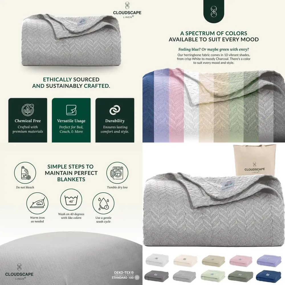 

Queen Size 100% Cotton Herringbone Blanket - Heavy, Soft, Winter Cozy, Perfect Gift for Women, Fits Full Bed, 92x92, Light Grey