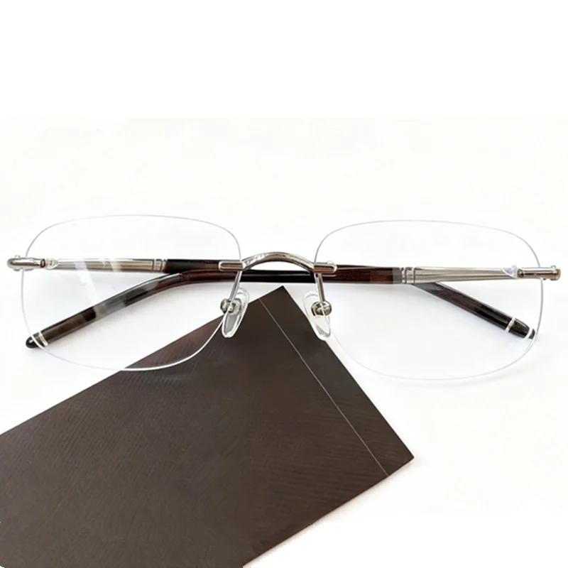 Kacamata Resep RX Bingkai Tanpa Rangka Model Bisnis Persegi Tanpa Lensa Resin 54-17-150 Plank+Titanium Rim