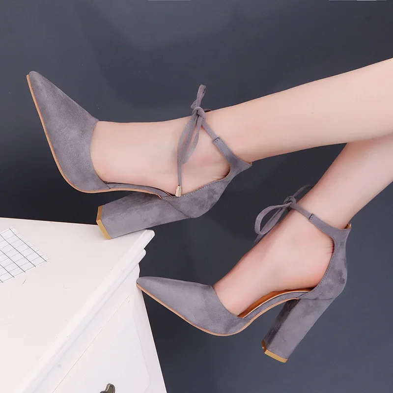 Sexy Pointed Toe Ladies Shoes Square High Heels Lace Up Women Pumps 2024 Wedding Strap Blue Woman Shoes Zapatos Mujer Size 43