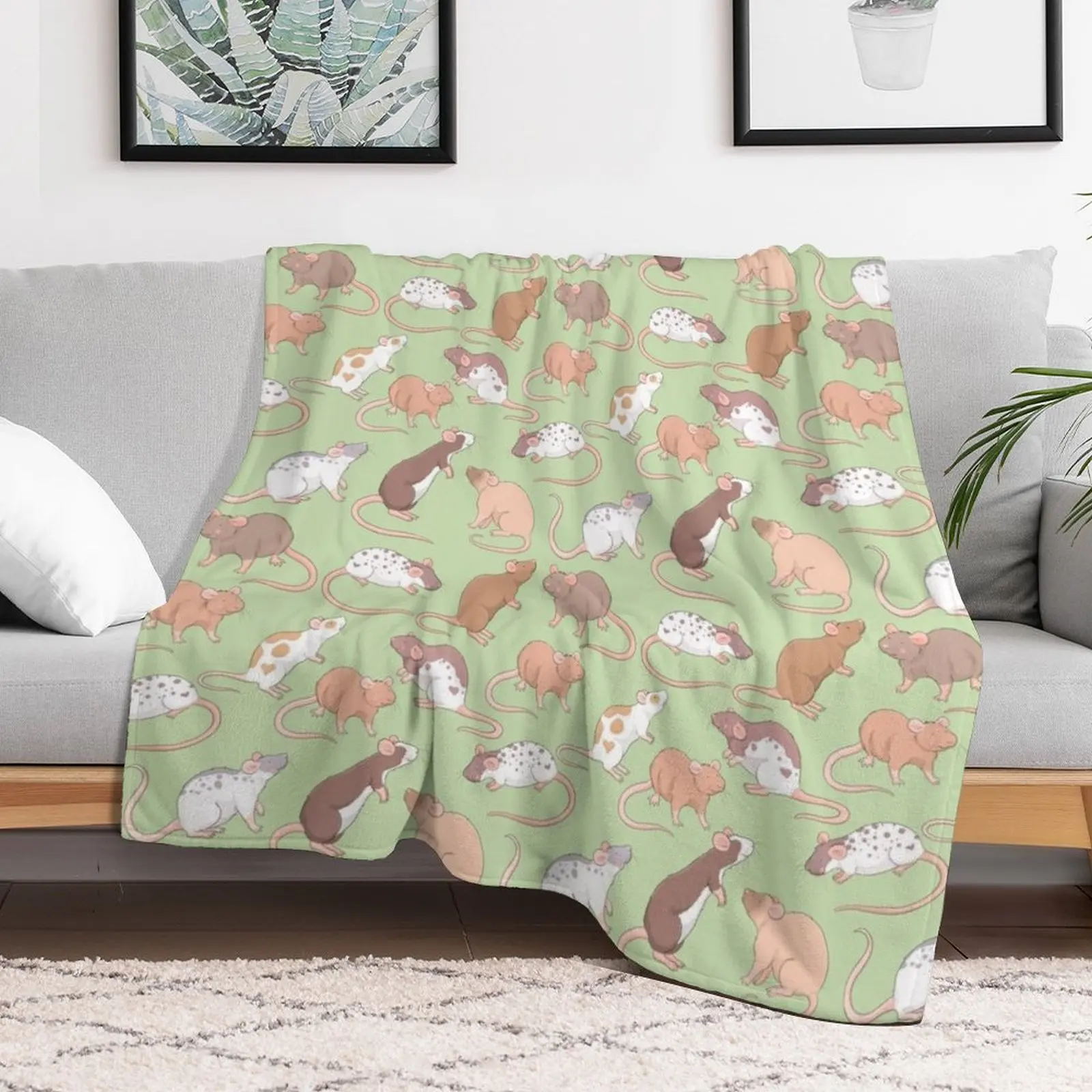 Cute Rattie rats illustration patter against green background Whimsicolour art Throw Blanket bed plaid Custom Blankets