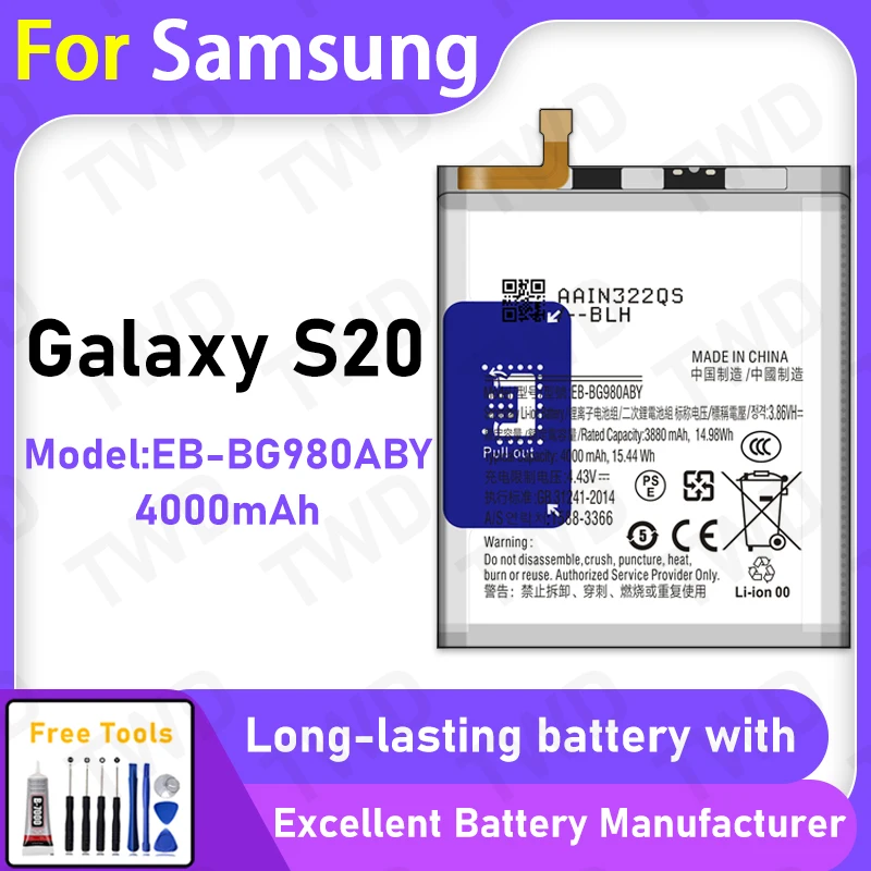 

100% New 4000mAh EB-BG980ABY Battery For Samsung Galaxy S20 Battery Replacement Bateria+Free Tools
