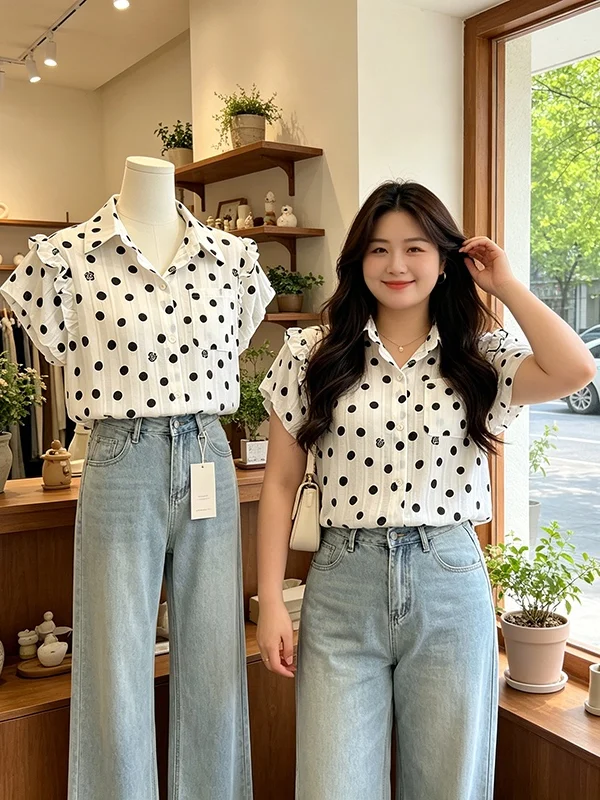 plus Size Women's Summer 2026 Fashion Polka Dot Loose Short Sleeve Shirt Cover Belly Slimming Korean Style Casual Top