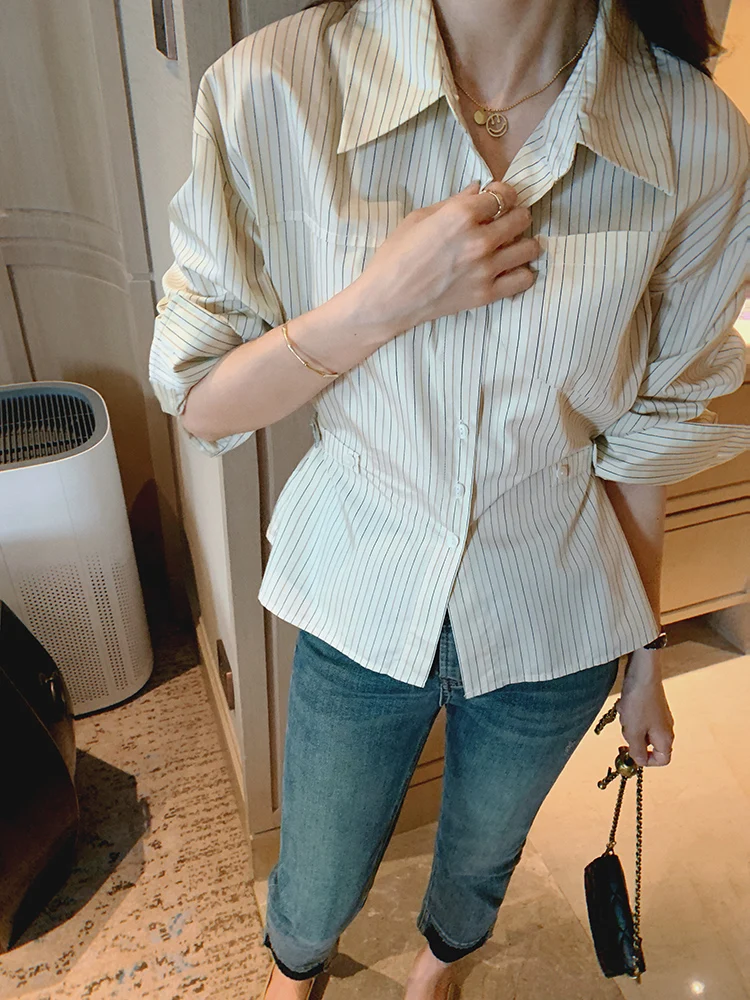 

Желтая полосатая повседневная женская блузка с длинным рукавом, приталенная, весна-осень, новый дизайн, модный топ Bigyu