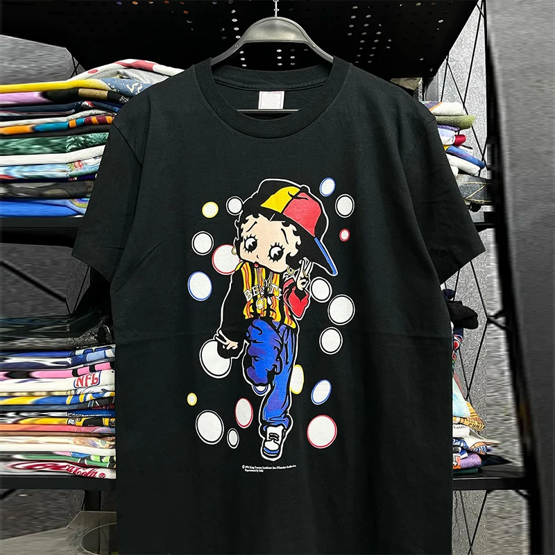 Cool Street Style Short Sleeve round Neck T-Shirt Hip Hop Trendy Brand Betty Doll Graphic Tee Cotton Casual Loose Fit Youth S...