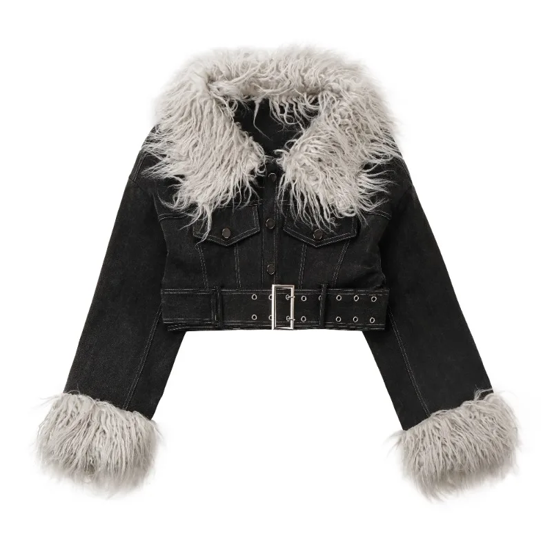 2023 Autumn New Black Gray Short Denim Jacket Slit Mid-Length Skirt Detachable Fur Collar Long Sleeve Slim Coat Women\'s Clothing