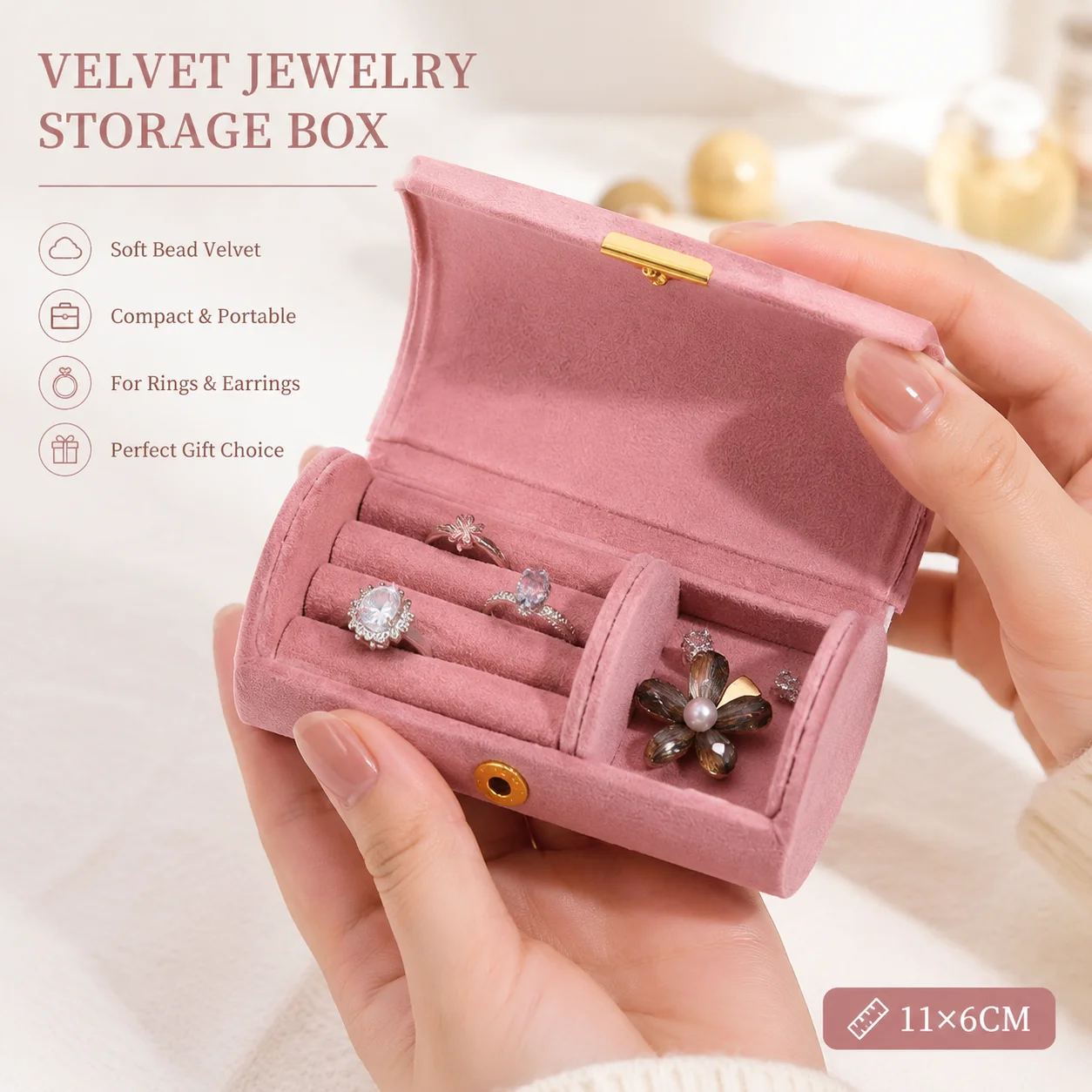 Velvet Snap-On Pearl Jewelry Box, Semi-Circular Arc Portable Ring & Earring Storage Case for Women, Compact Gift Box 11×6CM