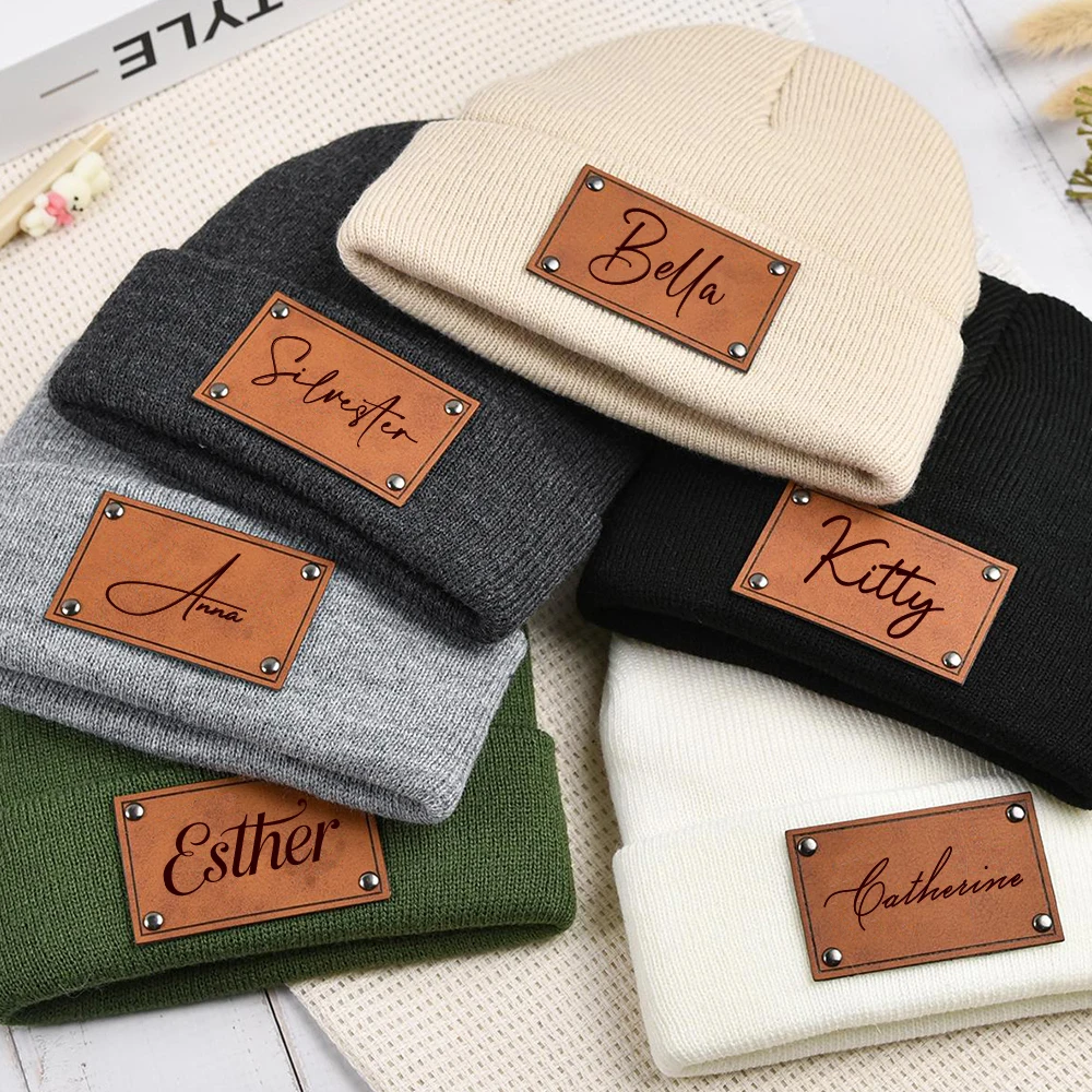 Personalized Engraved Leather Winter Beanie Hat Baby Beanie with Name Custom Youth Child Gift Knitted Hat Gift Adults BeaniesHat