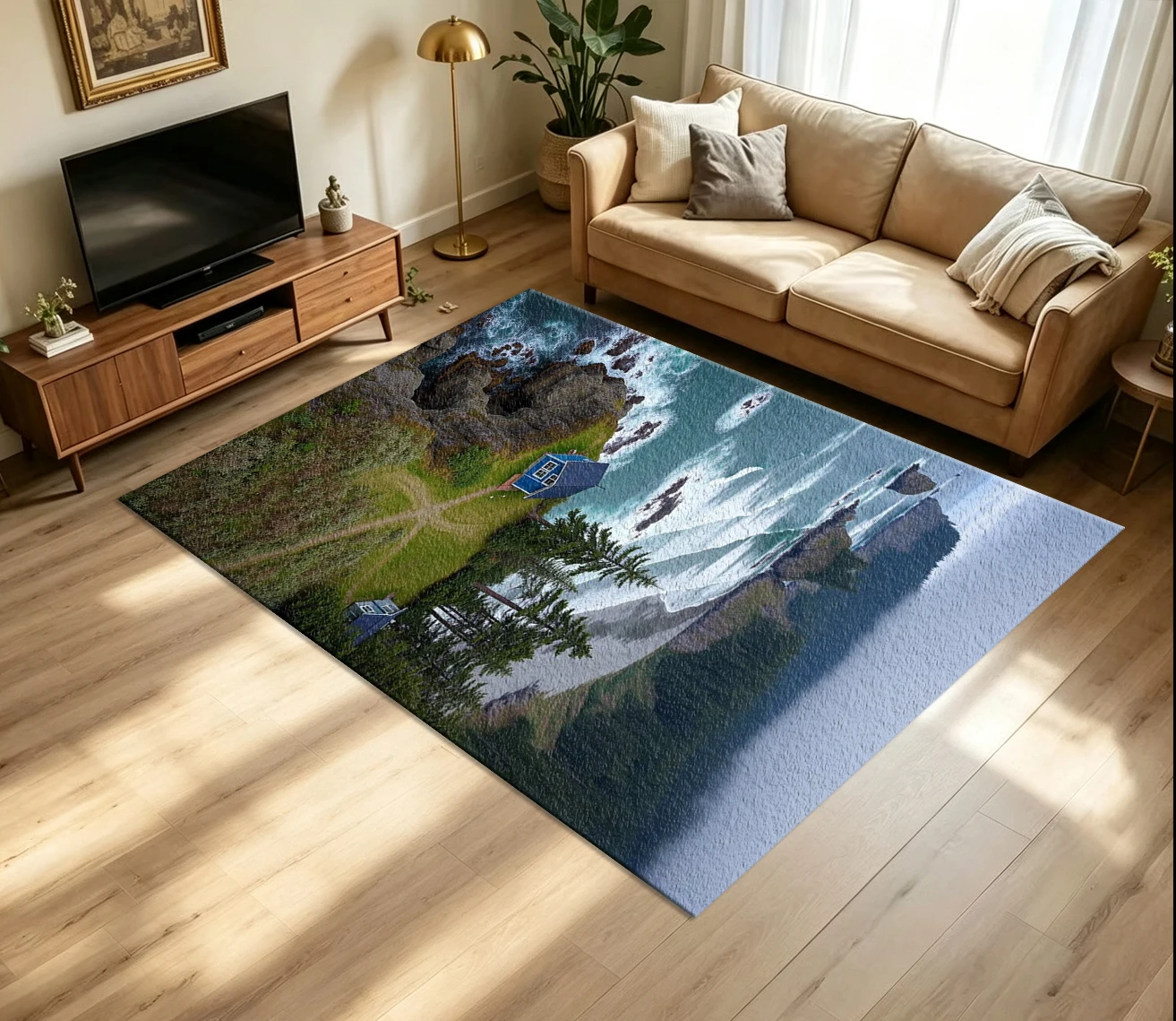 Ocean Cliff House Forest Coastal Landscape Carpet Flooring Nature Scenery Area Rug