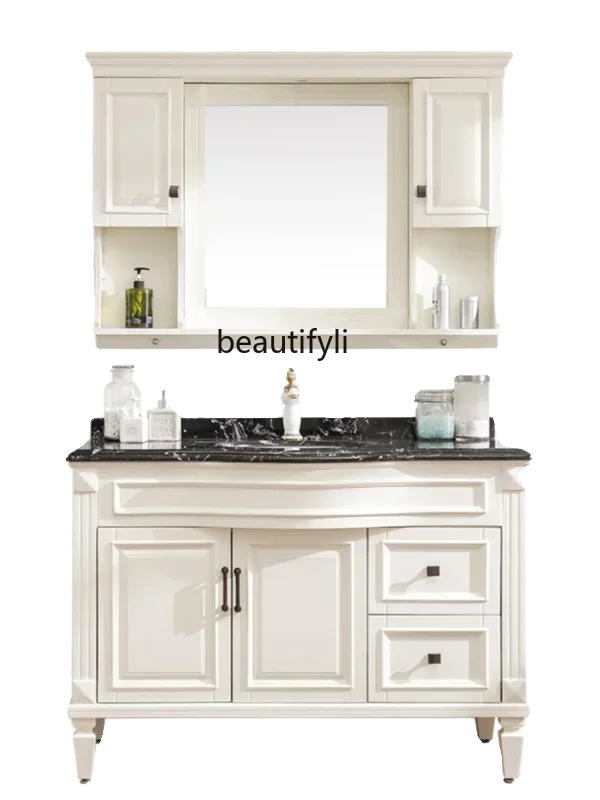 

s8350 American oak bathroom cabinet, smart mirror cabinet, curved solid wood floor-to-ceiling marble sink