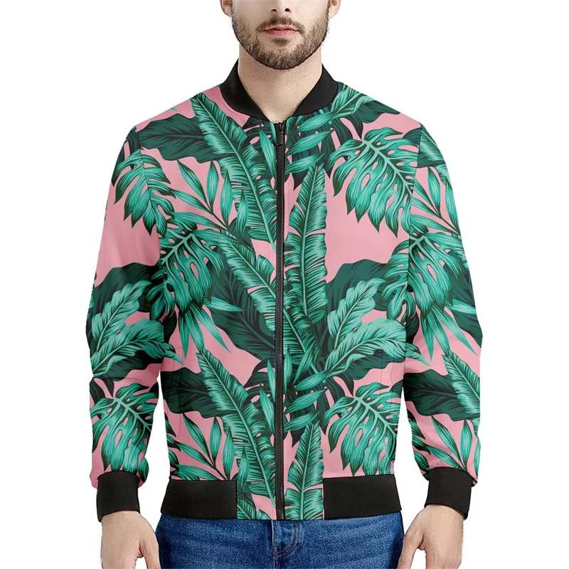 Jaqueta gráfica masculina de folhas tropicais de árvores, plantas impressas em 3D, casaco casual, moletom bombardeiro com zíper, primavera, outono