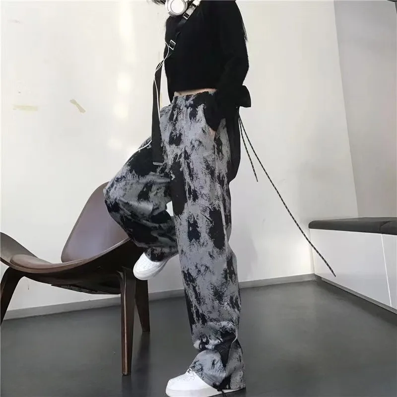 Casual Pants Women 2024 Spring New Versatile High Street Tie-Dye Straight Loose High Waisted Full Length Drawstring Pants Female