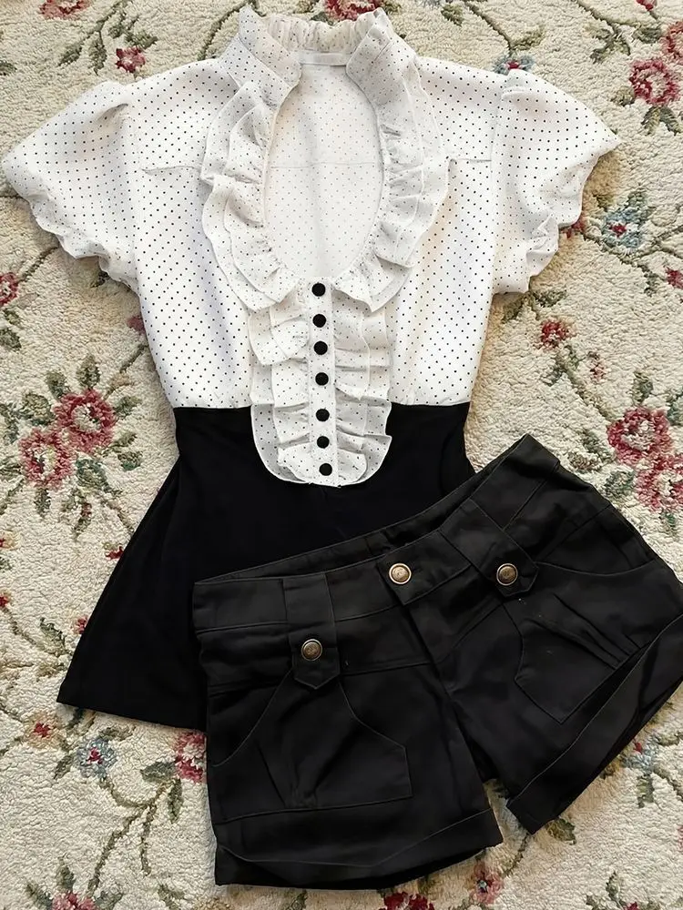 2000s Retro American Blouse For Women Japanese Harajuku Patchwork Lace Cuff Short Sleeve Slim Fit Holiday Pullover