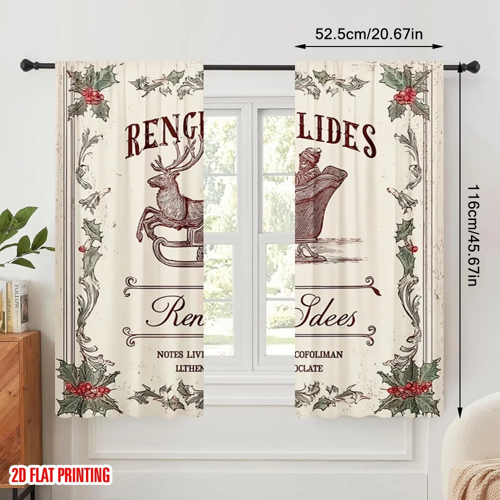 2pcs,2D plane printing Curtains Digital Printed Vintage Christmas Carriage Polyester (without rod) Room Decor for Living Room
