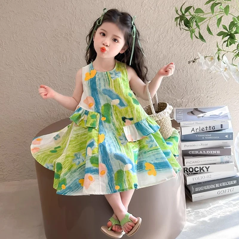 Summer Girls Daily Dresses Children Fashion Round Collar Tie Dye Sleeveless Dresses Kids Thin Ruffle Hem A-Line Sundress 3-10Y