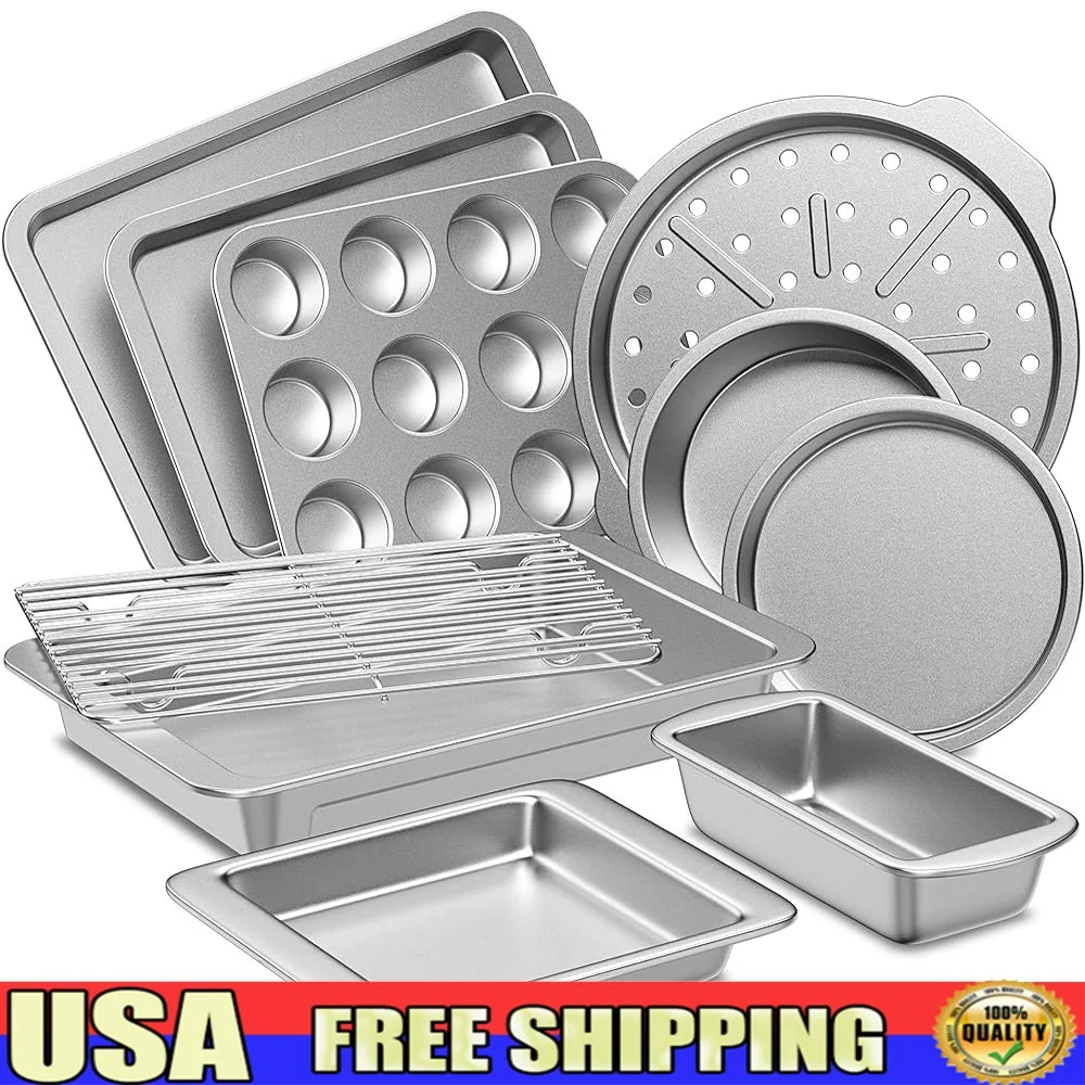 

10-Piece Nonstick Bakeware Set Carbon Steel Kitchen Pans with Wider Grips Cookie Cake Loaf Muffin Pan Rack Heavy Duty Dishwasher