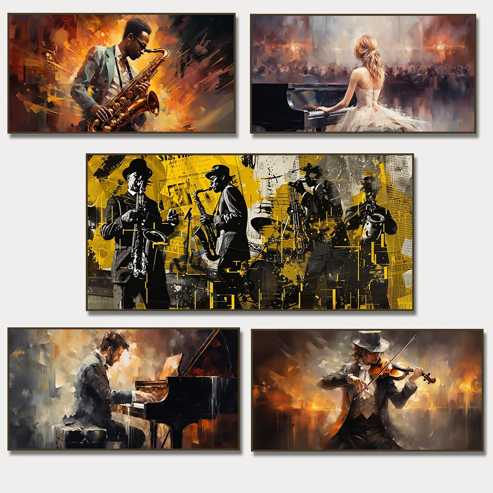 Large-sized frameless canvas paintings,Pianist Playing Piano Saxophone Violin  Jazz Band Canvas Print  Vintage Oil Painting Styl