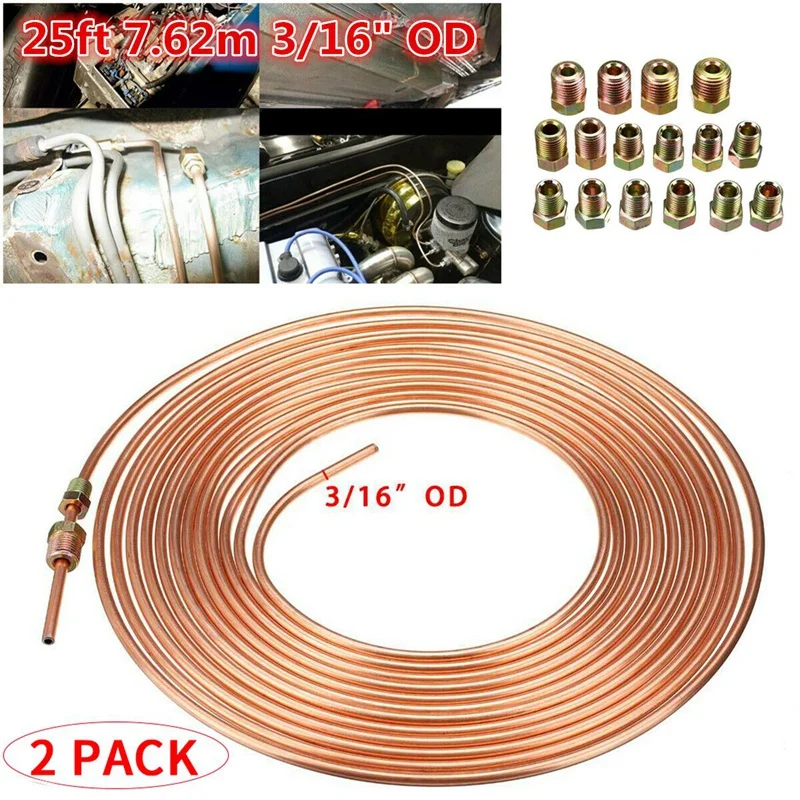 2 Pack 25Ft Copper Nickel Brake Line Tubing Kit 3/16 Inch OD + 30Pcs Fitting Nuts