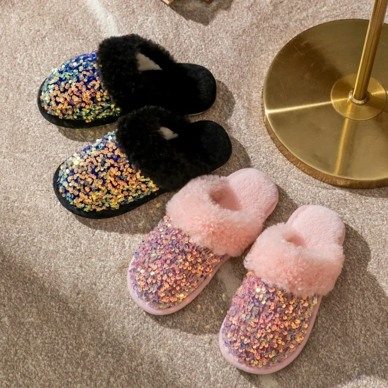 Bling Sequins Home Fur Slippers Women Winter Warm Plush Flat Cotton Floor Shoes Woman Indoor Bedroom Soft Sole Fluffy Slippers