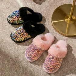 Bling Sequins Home Fur Slippers Women Winter Warm Plush Flat Cotton Floor Shoes Woman Indoor Bedroom Soft Sole Fluffy Slippers